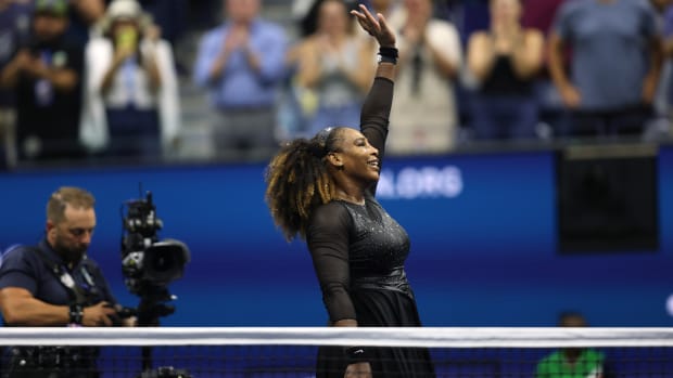 Serena Williams of the United States celebrates against Danka Kovinic of Montenegro during the Women's Singles First Round on Day One of the 2022 US Open at USTA Billie Jean King National Tennis Center on August 29, 2022 in the Flushing neighborhood of the Queens borough of New York City. 