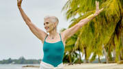 Maye Musk was photographed by Yu Tsai in Belize. Swimsuit by ERES. Skirt by BAHIA MARIA. Earrings by Ottoman Hands. Necklace by Cleopatra's Bling. Bracelet by Mary McFadden provided by New York Vintage. 
