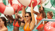 Christen Harper and fellow SI Swimsuit models doing water aerobics. 