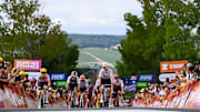 EPERNAY, FRANCE - JULY 26: (L-R) Tiffany Cromwell of Australia and Team Canyon//SRAM Racing, Ilse Pluimers of Netherlands and Team AG Insurance - NXTG, Eugenia Bujak of Slovenia and UAE Team ADQ, Maike Van Der Duin of Netherlands and Team Le Col Wahoo polka dot mountain jersey and Victoire Berteau of France and Team Cofidis Féminin cross the finishing line during the 1st Tour de France Femmes 2022, Stage 3 a 133,6km stage from Reims to Épernay / #TDFF / #UCIWWT / on July 26, 2022 in Epernay, France. (Photo by Tim de Waele/Getty Images