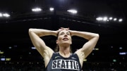 Sue Bird #10 of the Seattle Storm reacts after losing to the Las Vegas Aces 97-92 in her final game of her career during Game Four of the 2022 WNBA Playoffs semifinals at Climate Pledge Arena on September 06, 2022 in Seattle, Washington. 