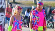 Margot Robbie and Ryan Gosling on rollerblades film new scenes for 'Barbie' in Venice California. 27 Jun 2022. 