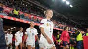 Team USA, Hailie Mace, Trinity Rodman, Lindsey Horan and the rest of USWNT make their way out to the field to play Spain in Pamplona, Spain.