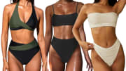 Three models pose in different high-waisted bikinis available on Amazon right now.