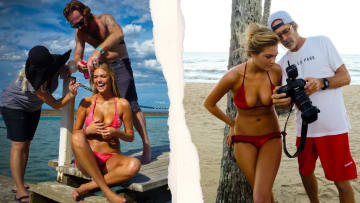 LEFT: Kate Upton getting touched up by Tracy Murphy and Peter Butler in Australia. RIGHT: Kate Upton and photographer Walter Ioos JR reviewing some of their shots.