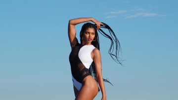 Exclusive behind the scenes of Danielle Herrington in Hollywood, FL wearing a LaQuan Smith.