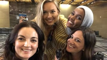 Clockwise: Camille Kostek, Halima Aden, Hillary Drezner and Janine Berey in Miami for the 2020 Swim Search.