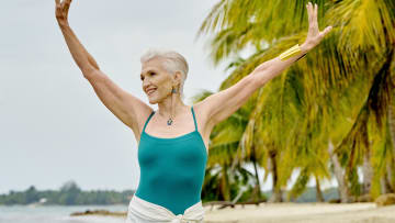 Maye Musk was photographed by Yu Tsai in Belize. Swimsuit by ERES. Skirt by BAHIA MARIA. Earrings by Ottoman Hands. Necklace by Cleopatra's Bling. Bracelet by Mary McFadden provided by New York Vintage. 
