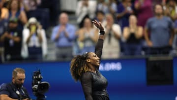 Serena Williams waves to the crowd during her first-round match at the 2022 U.S. Open at the USTA Billie Jean King National Tennis Center. 