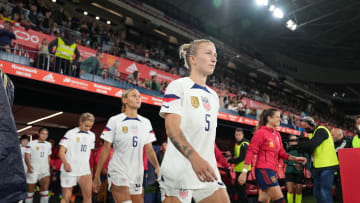 Team USA, Hailie Mace, Trinity Rodman, Lindsey Horan and the rest of USWNT make their way out to the field to play Spain in Pamplona, Spain.