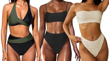 Three models pose in different high-waisted bikinis available on Amazon right now.