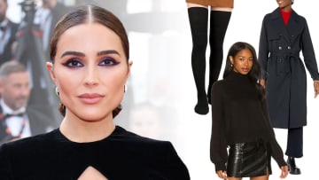 On the left, Olivia Culpo poses in a black dress and dramatic eye makeup. On the right, there is a series of black garments, including knee-high socks, turtleneck sweater and trench coat.