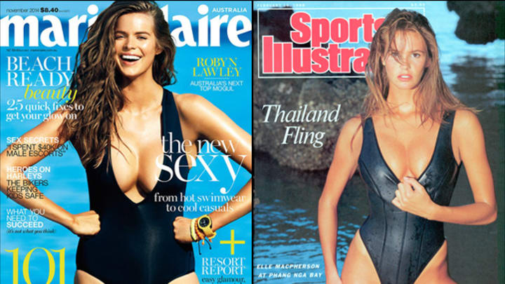 Robyn Lawley on the Nov. 2014 cover of Marie Claire Australia in a nod to Elle's 1988 cover (right)