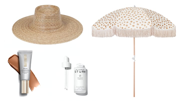 Images courtesy. Lack of Color hat ($129), Beautycounter Dew Skin Tinted Moisturizer ($45), Dr. Barbara Sturm ($145), Sunday Supply Co. Golden Sands Beach Umbrella ($249).