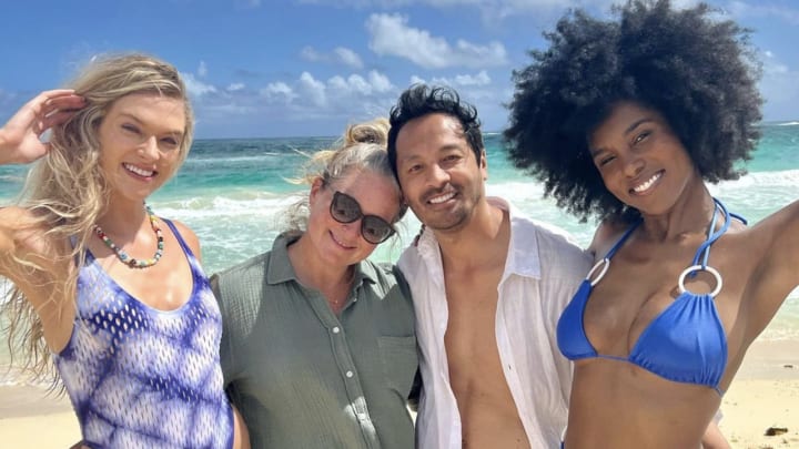 Behind the scenes on set in the Dominican Republic. Left to right: Nicole Petrie, MJ Day, Yu Tsai and Drew Dorsey. 