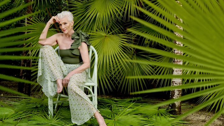 Maye Musk was photographed by Yu Tsai in Belize. Swimsuit by Maygel Coronel. Pants by Caroline Constas. Earrings by Cleopatra's Bling. Maye Musk was photographed by Yu Tsai in Belize. Swimsuit by Maygel Coronel. Pants by Caroline Constas. Earrings by Cleopatra's Bling.