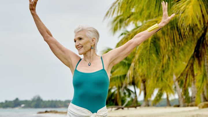 Maye Musk was photographed by Yu Tsai in Belize. Swimsuit by ERES. Skirt by BAHIA MARIA. Earrings by Ottoman Hands. Necklace by Cleopatra's Bling. Bracelet by Mary McFadden provided by New York Vintage. Maye Musk was photographed by Yu Tsai in Belize. Swimsuit by ERES. Skirt by BAHIA MARIA. Earrings by Ottoman Hands. Necklace by Cleopatra's Bling. Bracelet by Mary McFadden provided by New York Vintage.
