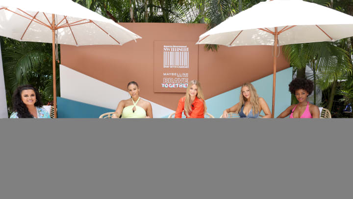 Host Joy Allison Taylor, and SI Swimsuit models Marquita Pring, Kate Bock, Camille Kostek and Tanaye White at a panel discussion at the 2022 SI Swimsuit launch.