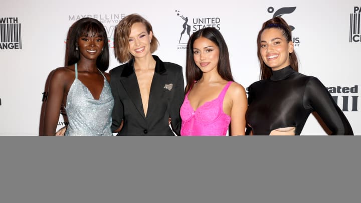HOLLYWOOD, FLORIDA - MAY 20: (L-R) Duckie Thot, Josephine Skriver, Cindy Kimberly and Lorena Duran attend as Sports Illustrated Swimsuit celebrates the launch of the 2022 issue and debut of Pay With Change at Seminole Hard Rock Hotel & Casino Hollywood on May 20, 2022 in Hollywood, Florida. 