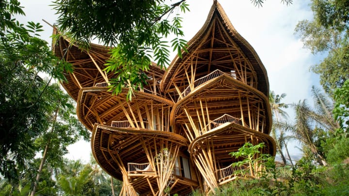 Called Sharma Springs, the five-story, five-bedroom house is perched on the edge of the Ayung River Valley and is made out of bamboo.