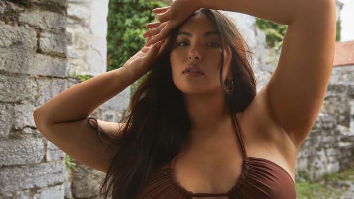 Yumi Nu was photographed by James Macari in Montenegro.  Swimsuit by 437 Swim. Earrings by Michelle Ross.