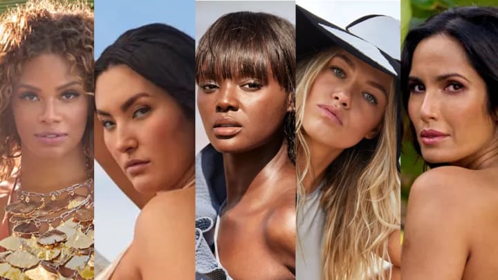 Kamie Crawford, Yumi Nu, Duckie Thot, Hailey Clauson and Padma Lakshmi pose for their SI Swim photoshoots.