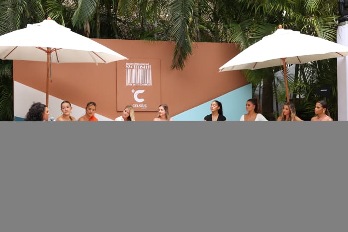 Joy Taylor, Olivia Ponton, Natalie Mariduena, Kyle Watson, Katie Turoff, Cindy Kimberly, Brooks Nader, Katie Austin and Kamie Crawford speak during the Swimsuit on Location event hosted by Sports Illustrated Swimsuit at Hard Rock Seminole on May 21, 2022 in Hollywood, Florida.