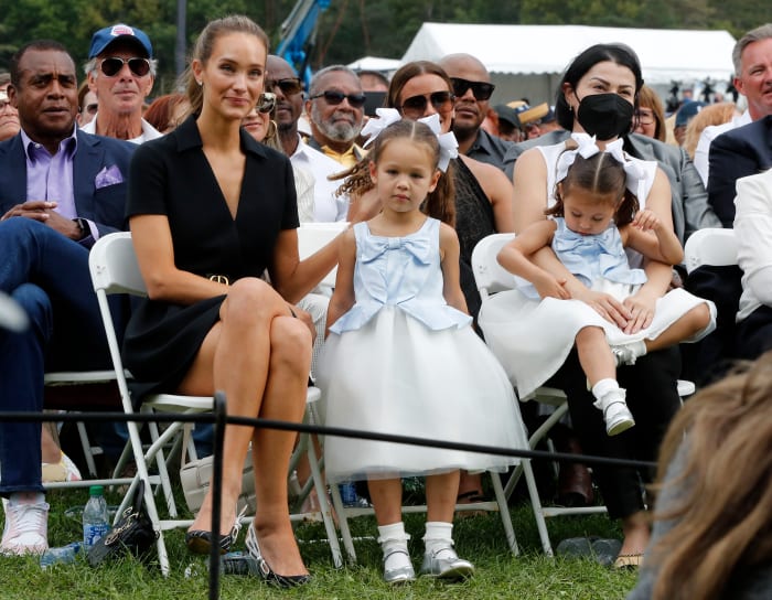 Hannah Jeter attends the Baseball Hall of Fame induction ceremony with their children Bella and Story at Clark Sports Center on September 08, 2021 in Cooperstown, New York.