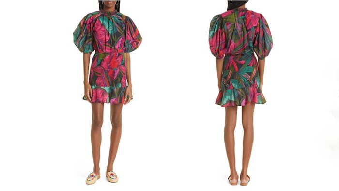 Farm Rio Nordstrom Midnight Leaves Smocked Puff Sleeve Sustainably Sourced Dress