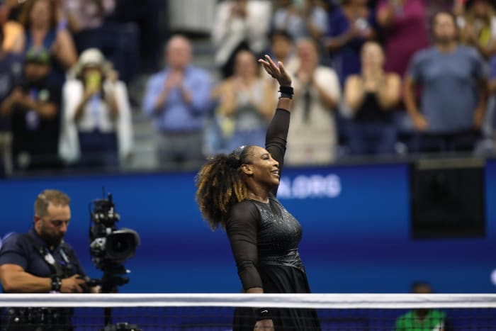 Serena Williams of the United States celebrates against Danka Kovinic of Montenegro during the Women's Singles First Round on Day One of the 2022 US Open at USTA Billie Jean King National Tennis Center on August 29, 2022 in the Flushing neighborhood of the Queens borough of New York City. 