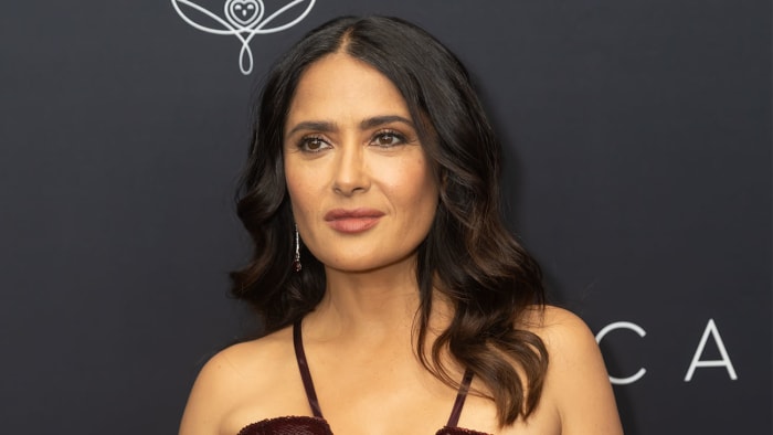 Salma Hayek’s Leather Off-the-Shoulder Red Midi Dress Perfectly Hugs ...