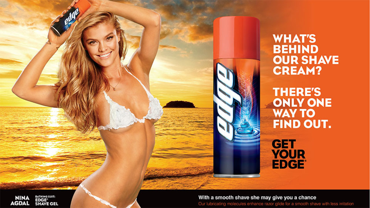 Nina Agdal wears shaving cream bikini in Edge ad.