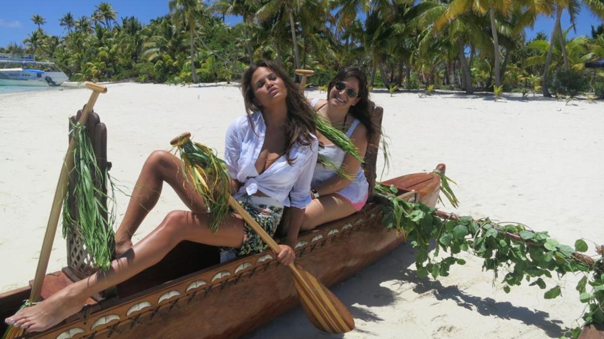 Chrissy Teigen and Hillary Drezner in the Cook Islands.