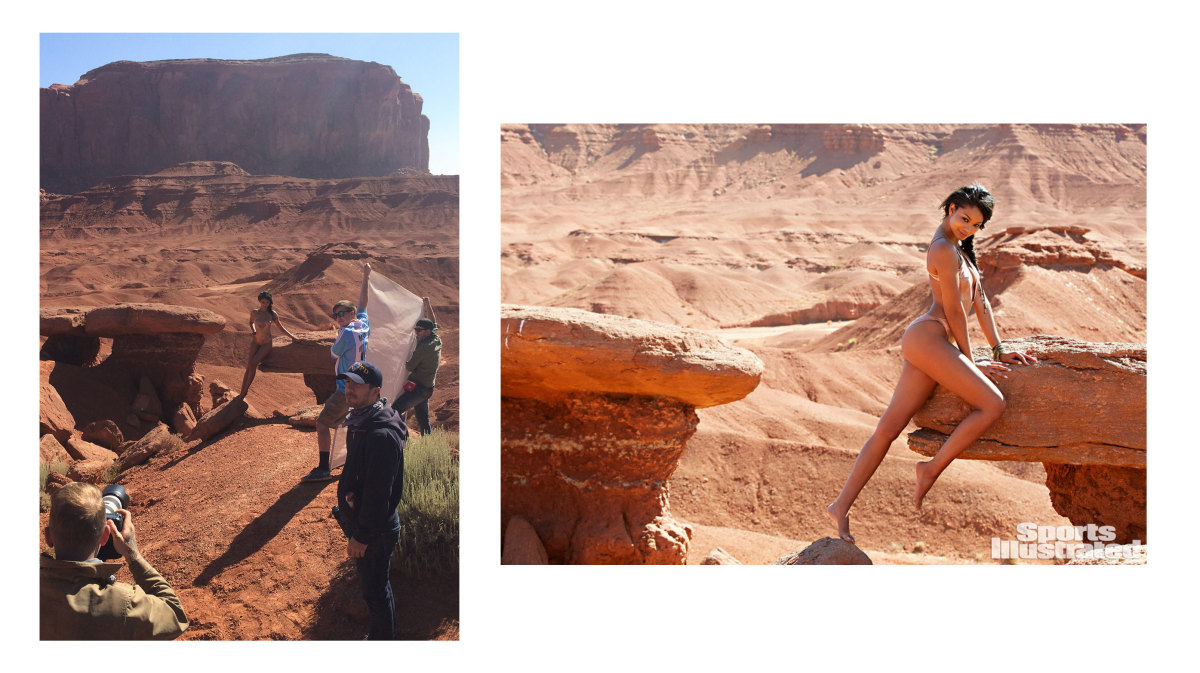 Left: Behind the scenes on set in Utah, 2015. Right: Chanel Iman photographed in Utah, by James Macari, 2015.
