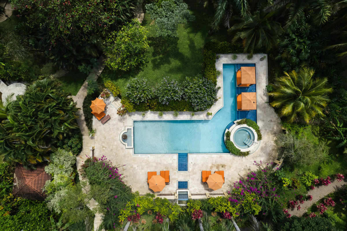 Aerial view of outdoor pool sleeping giant belize