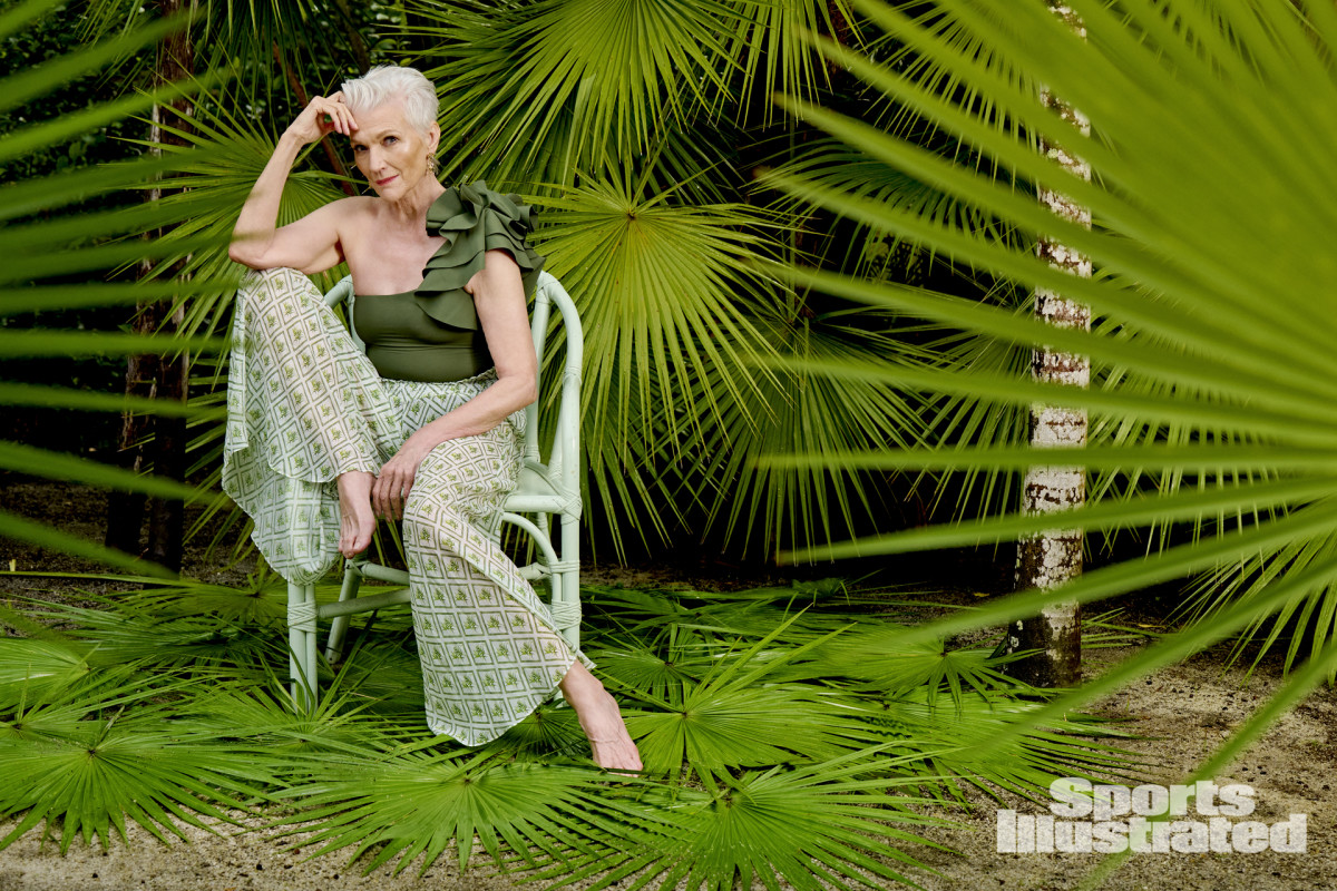 Maye Musk was photographed by Yu Tsai in Belize. Swimsuit by Maygel Coronel. Pants by Caroline Constas. Earrings by Cleopatra's Bling.