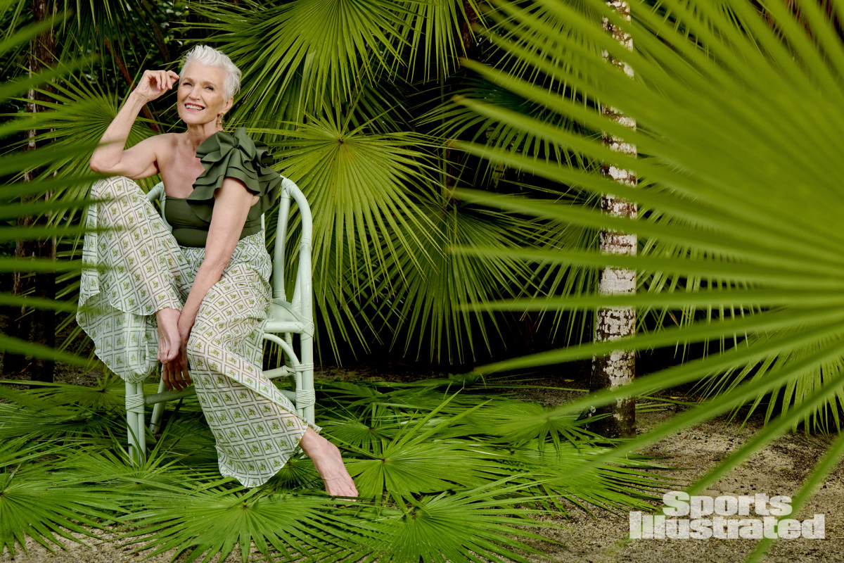 Maye Musk was photographed by Yu Tsai in Belize. Swimsuit by Maygel Coronel. Pants by Caroline Constas. Earrings by Cleopatra's Bling.