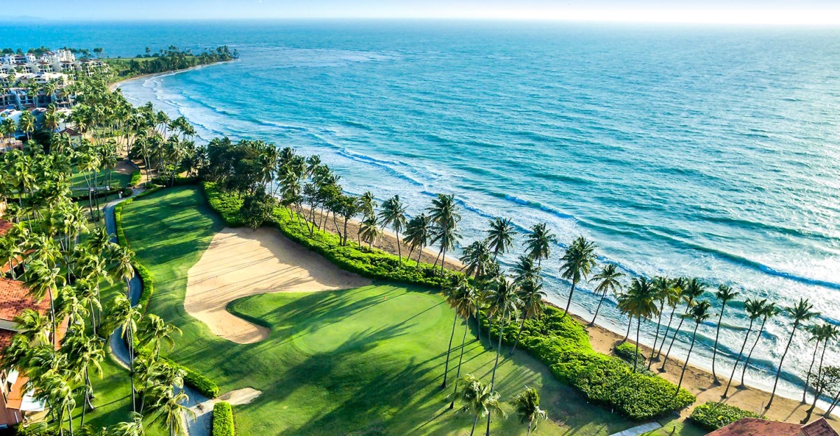 Golf course with beach view.