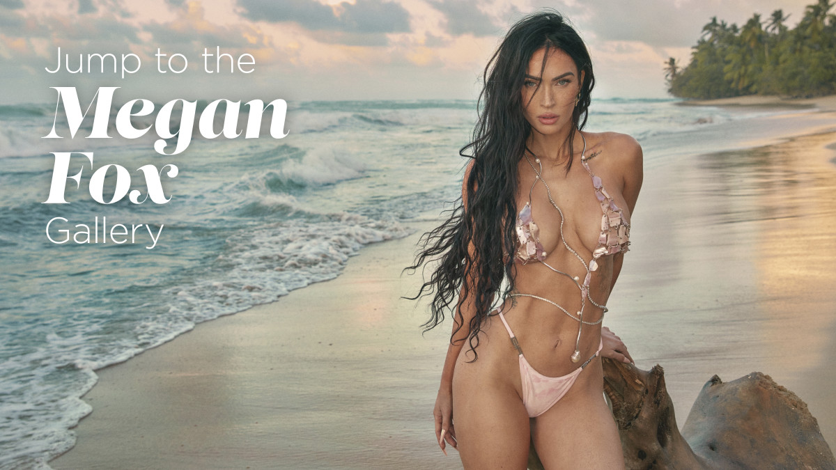 Megan Fox was photographed by Greg Swales in Dominican Republic. Swimsuit by I.AM.GIA. Top and body jewelry by Ryan Storer. Earrings by Jacquie Aiche.