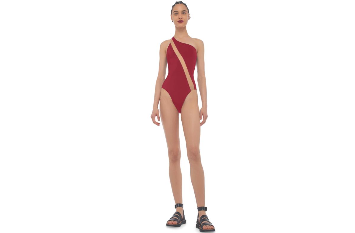 One Shoulder Norma Kamali Swimsuit with Nude Mesh