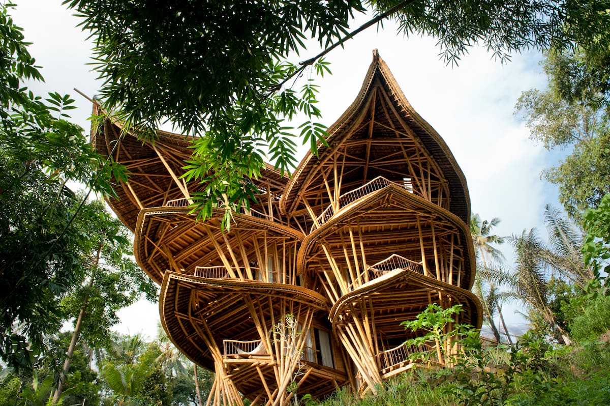 Called Sharma Springs, the five-story, five-bedroom house is perched on the edge of the Ayung River Valley and is made out of bamboo.