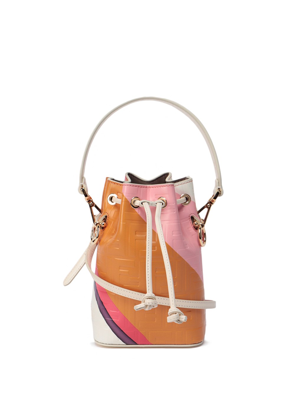 The Mon Tresor bucket bag is made with soft nappa leather and the one above has a three-dimensional texture FF motif and a multicolor diagonal striped print.