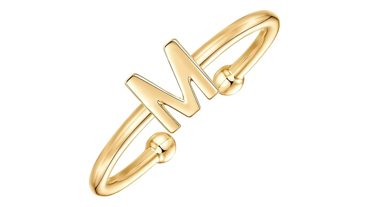 One of The Best Jewelry Gifts for the 2023 Holiday Season Ring Edition, the Pavoi 14K Gold Plated Initial Adjustable Ring available now at Amazon